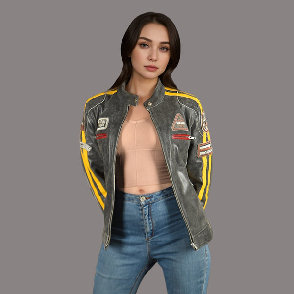 Women Distressed Racer Leather Jacket SIZMA