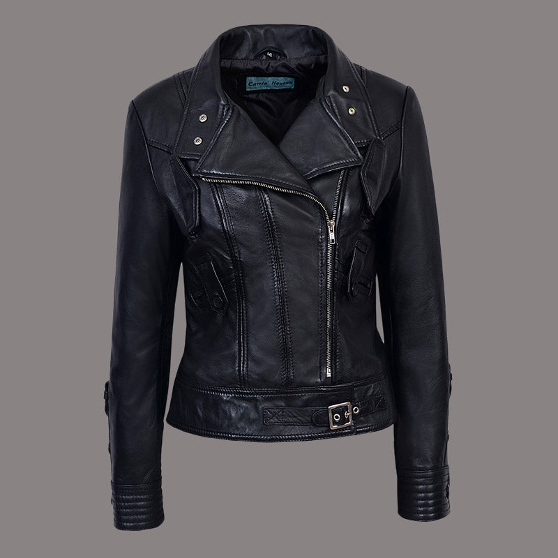 Black leather biker jacket for women