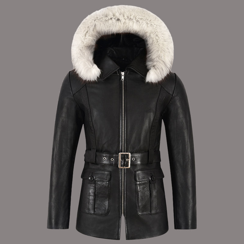 Women Hooded Leather Coat in Black LAKEHURST