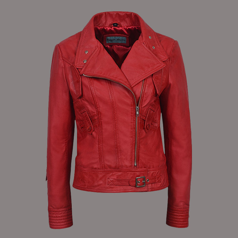 Red leather biker jacket for women