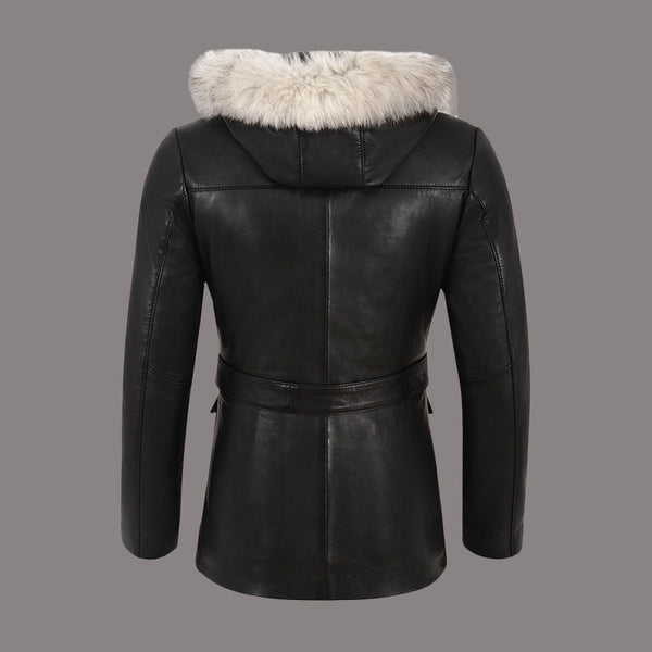 Women Hooded Leather Coat in Black LAKEHURST