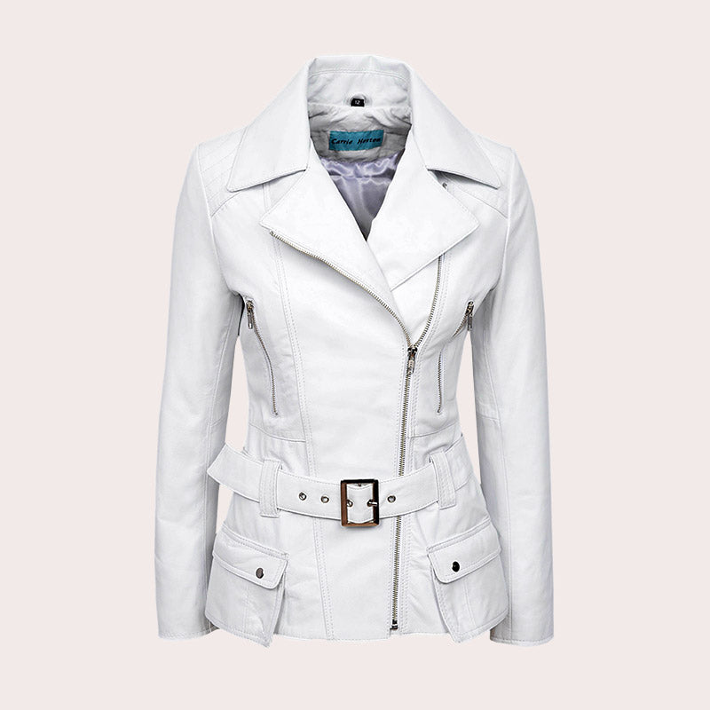 Women Leather Biker Jacket with Belt LINDETH