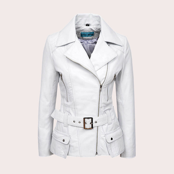 Women Leather Biker Jacket with Belt LINDETH