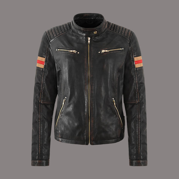 Women Distressed Black Leather Biker Jacket NARVEN