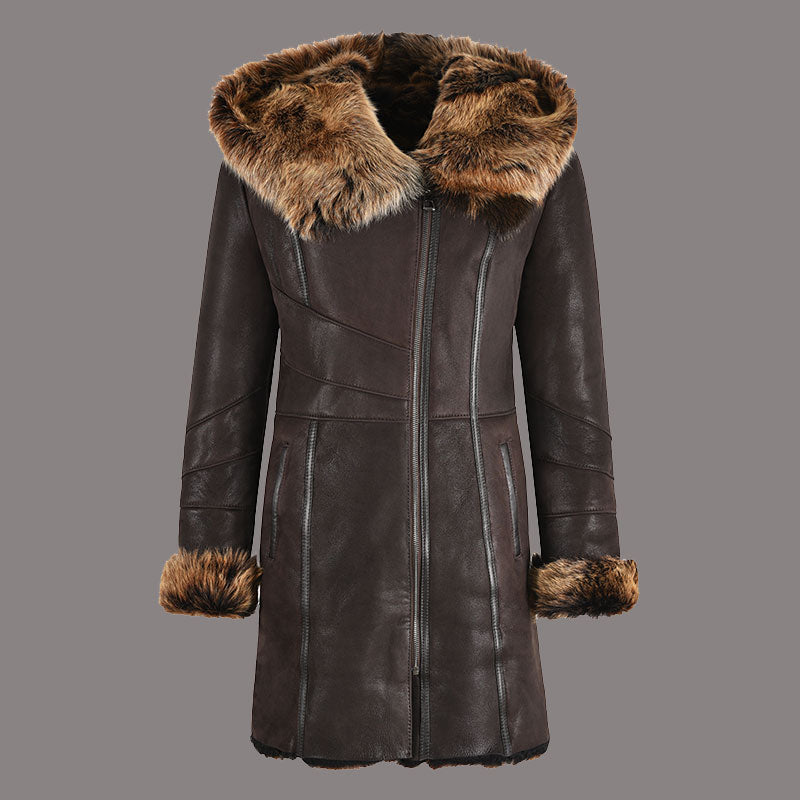 Brown Toscana Sheepskin Coat with Hood CALYX