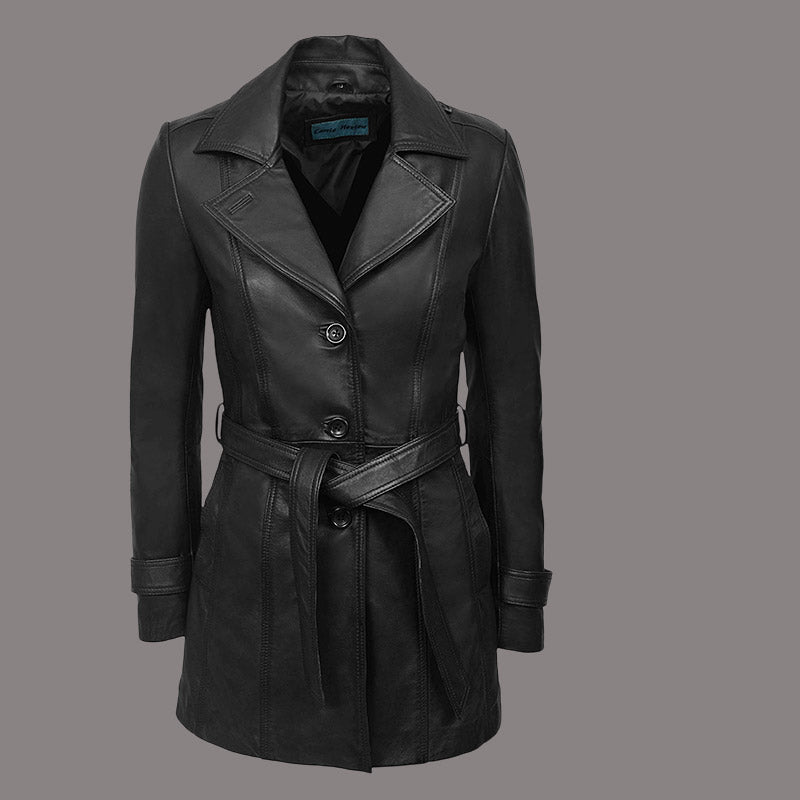 Women Leather Trench Coat with Tie Belt KESWICK