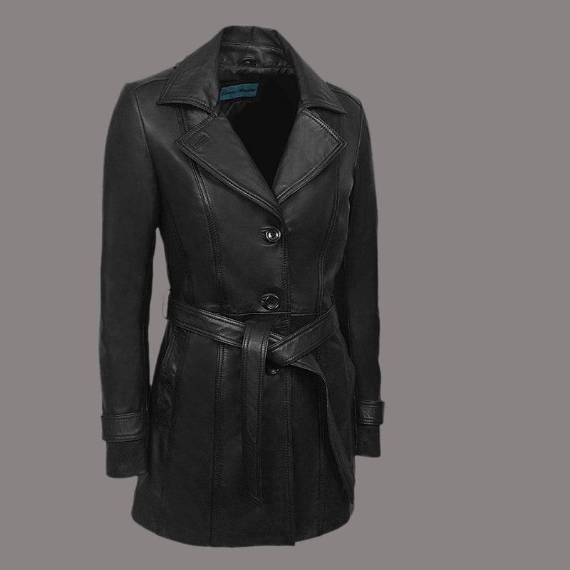 Women Leather Trench Coat with Tie Belt KESWICK