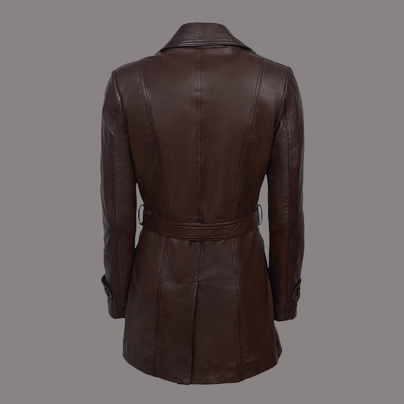 Women Leather Trench Coat with Tie Belt KESWICK