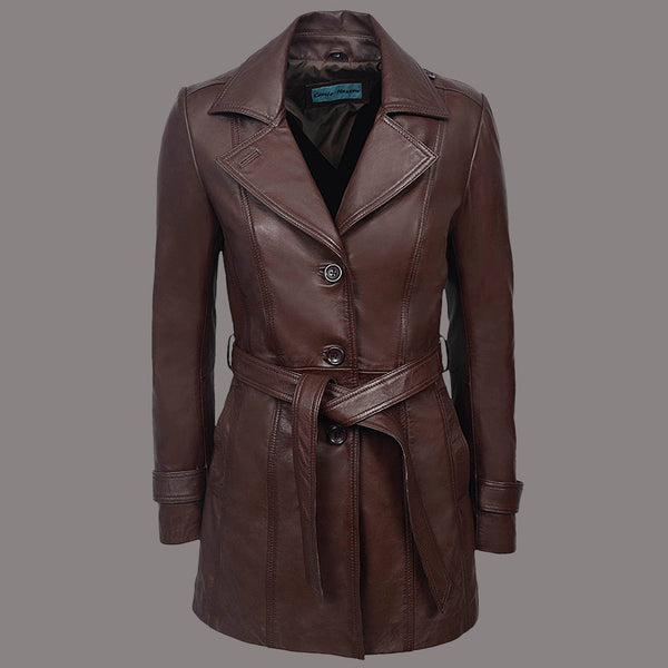 Women Leather Trench Coat with Tie Belt KESWICK