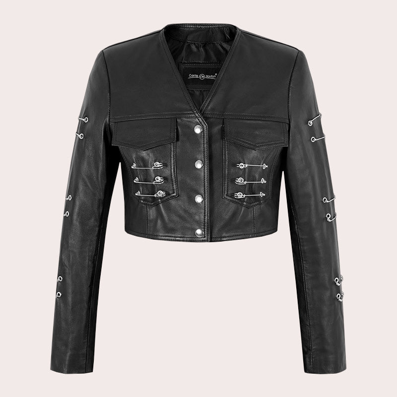 Women Collarless Cropped Leather Jacket GRITSTONE