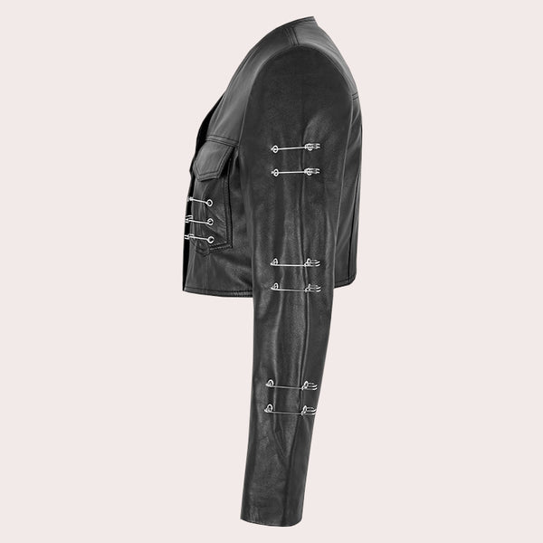 Women Collarless Cropped Leather Jacket GRITSTONE