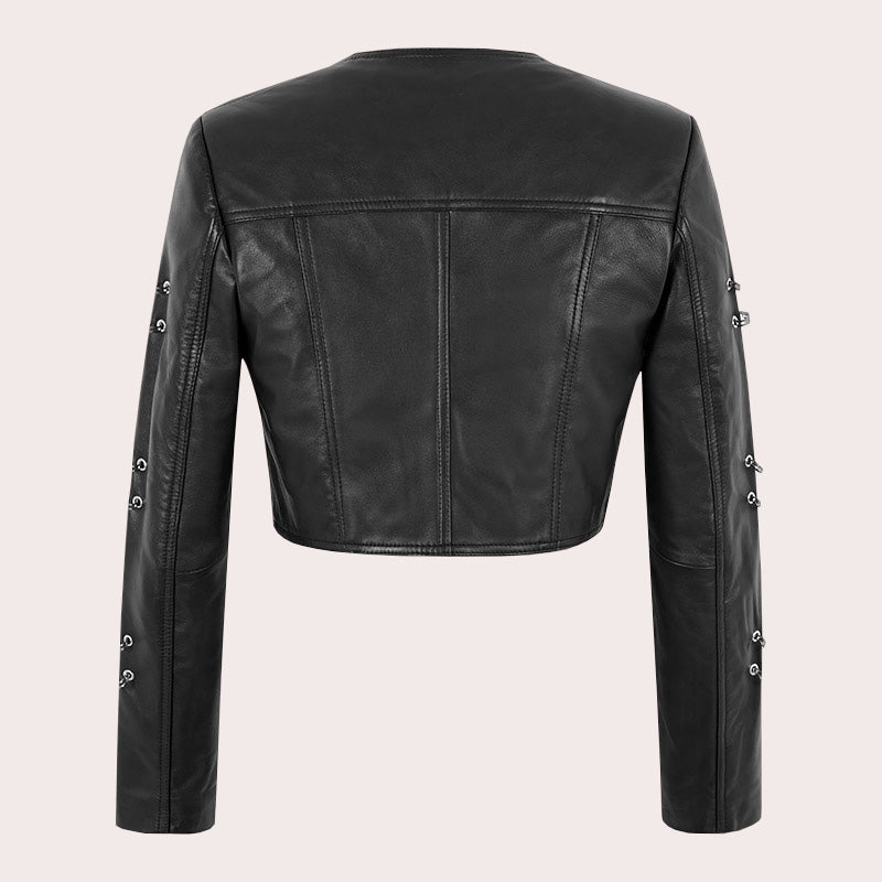 Women Collarless Cropped Leather Jacket GRITSTONE