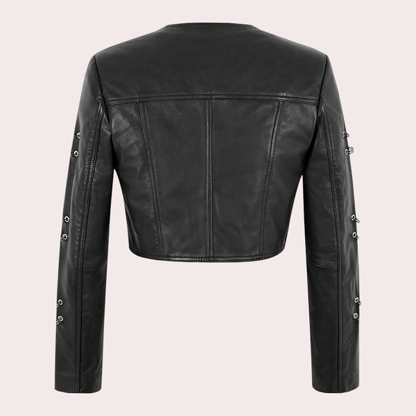 Women Collarless Cropped Leather Jacket GRITSTONE