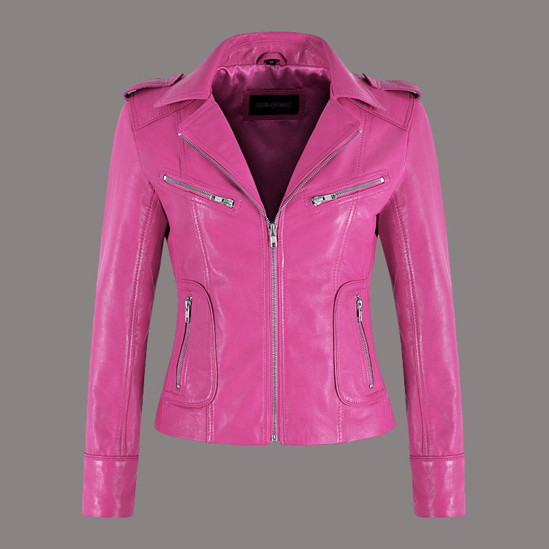 Women Center Zip Leather Biker Jacket NAXBY