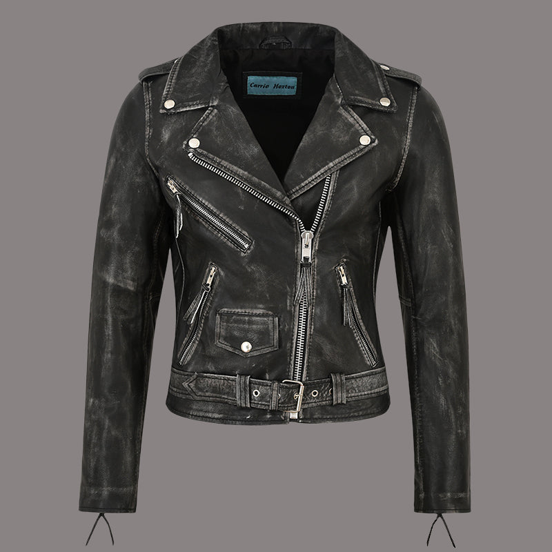 Women Vintage Leather Biker Jacket RUNWAY