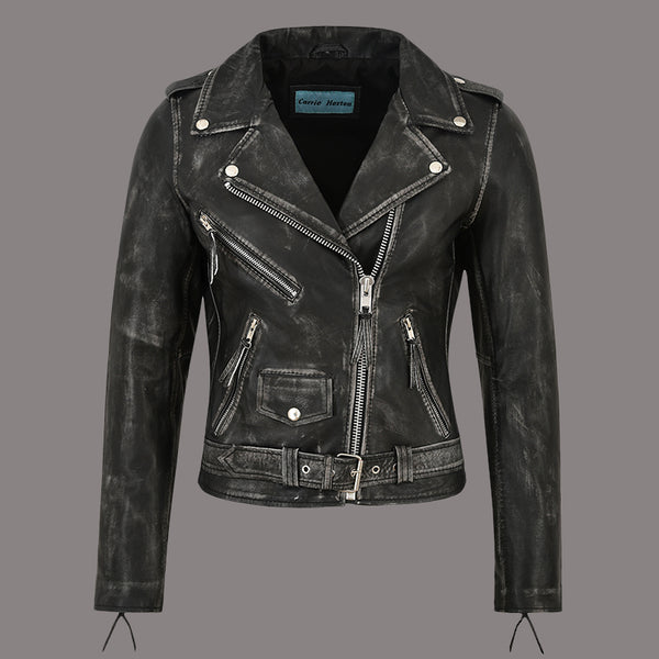 Women Vintage Leather Biker Jacket RUNWAY