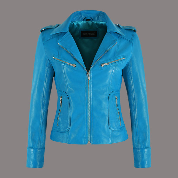 Women Center Zip Leather Biker Jacket NAXBY