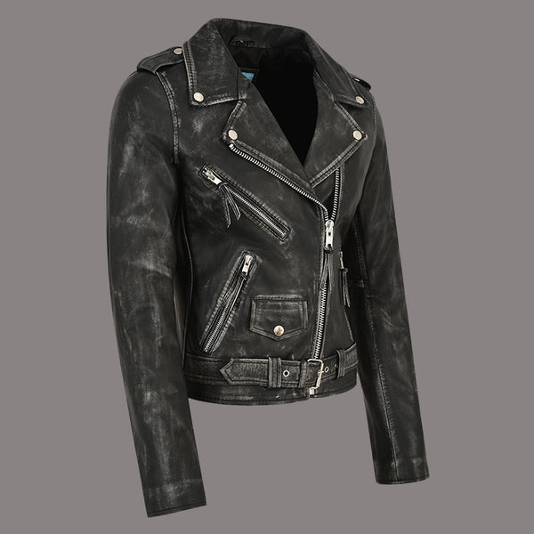 Women Vintage Leather Biker Jacket RUNWAY