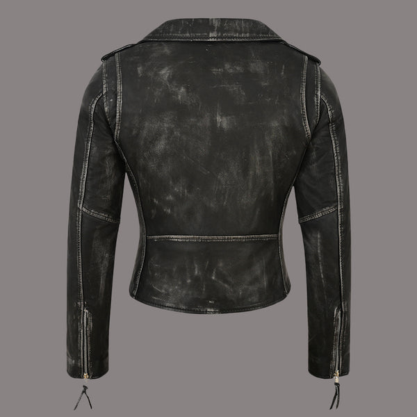 Women Vintage Leather Biker Jacket RUNWAY