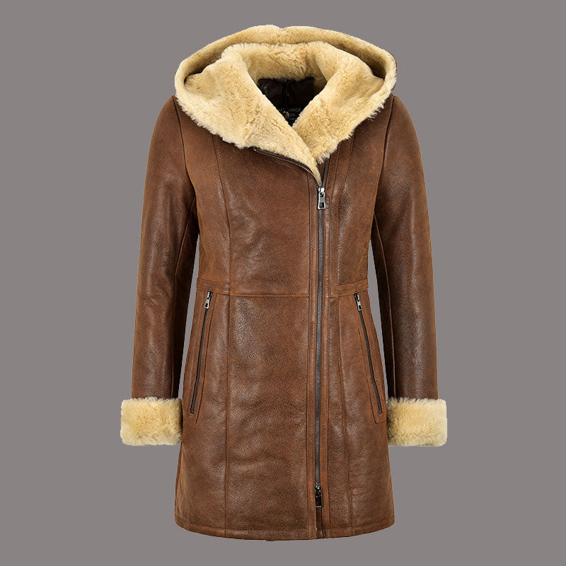 Women Hooded Sheepskin Coat AMBRHIL - Antique