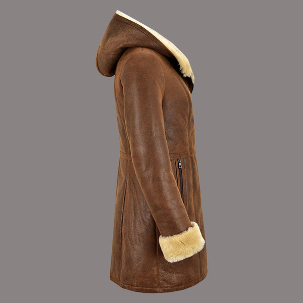 Women Hooded Sheepskin Coat AMBRHIL - Antique