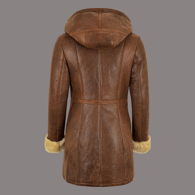 Women Hooded Sheepskin Coat AMBRHIL - Antique