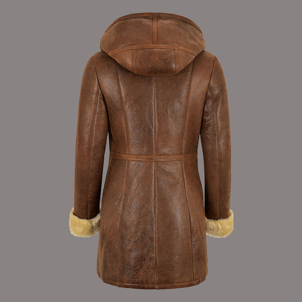 Women Hooded Sheepskin Coat AMBRHIL - Antique