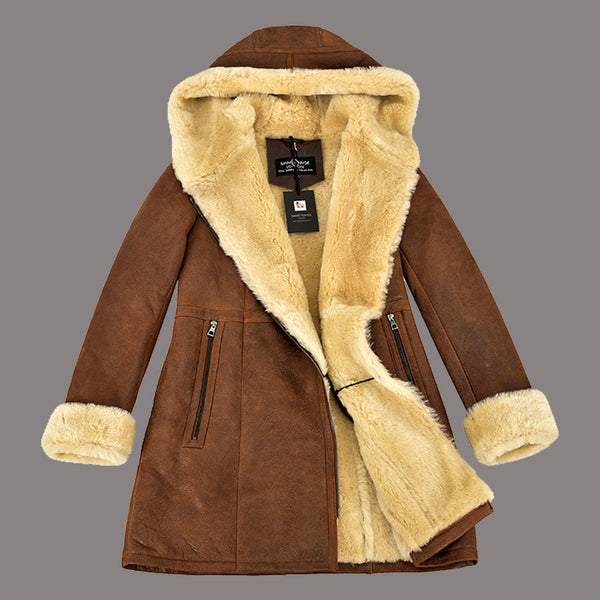 Women Hooded Sheepskin Coat AMBRHIL - Antique