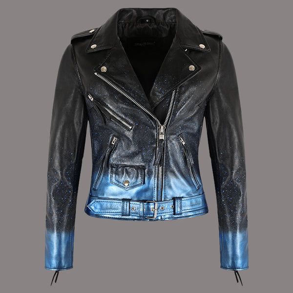 Women Biker Leather Jacket Waxed Sparkled RUNWAY