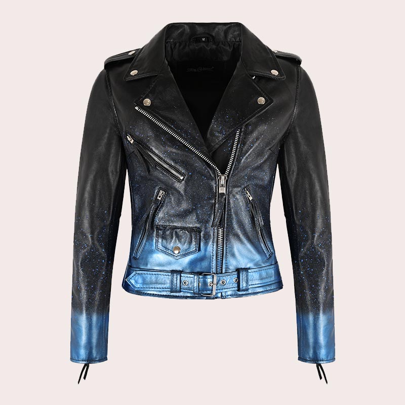 Women Biker Leather Jacket Waxed Sparkled RUNWAY