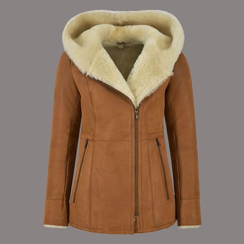 Women Hooded Sheepskin Coat AMBRHIL - Tan