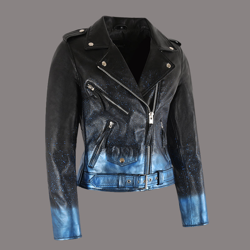 Women Biker Leather Jacket Waxed Sparkled RUNWAY