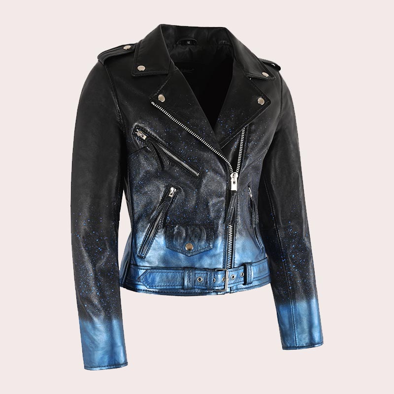 Women Biker Leather Jacket Waxed Sparkled RUNWAY
