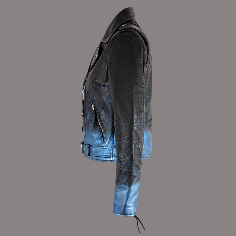 Women Biker Leather Jacket Waxed Sparkled RUNWAY