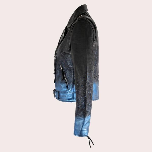 Women Biker Leather Jacket Waxed Sparkled RUNWAY