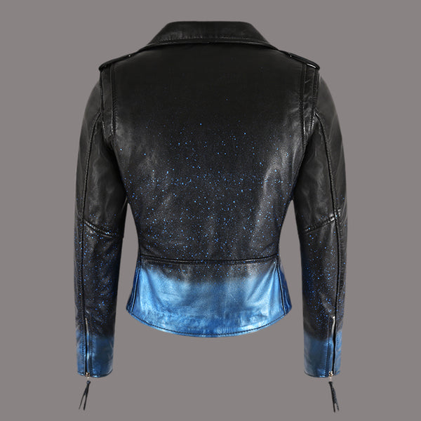 Women Biker Leather Jacket Waxed Sparkled RUNWAY