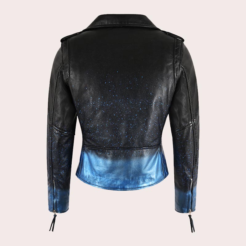 Women Biker Leather Jacket Waxed Sparkled RUNWAY
