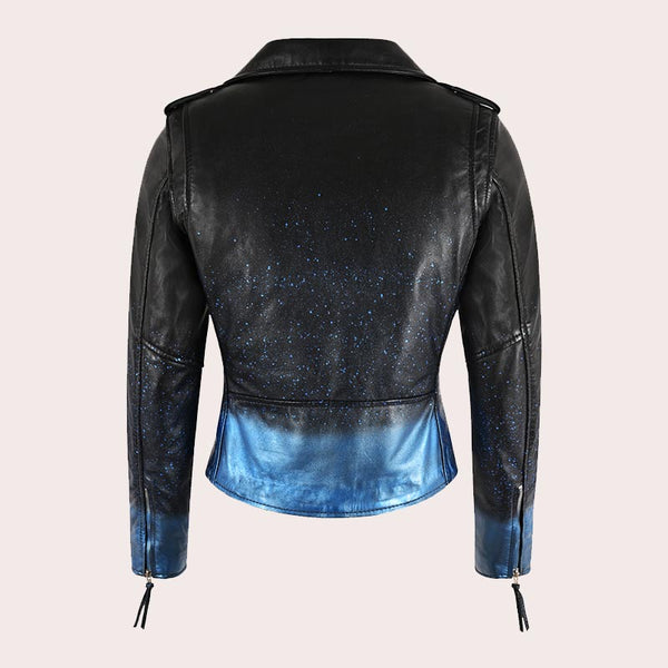 Women Biker Leather Jacket Waxed Sparkled RUNWAY