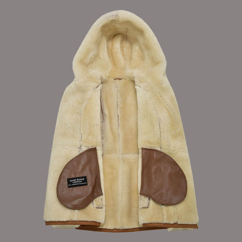 Women Hooded Sheepskin Coat AMBRHIL - Tan