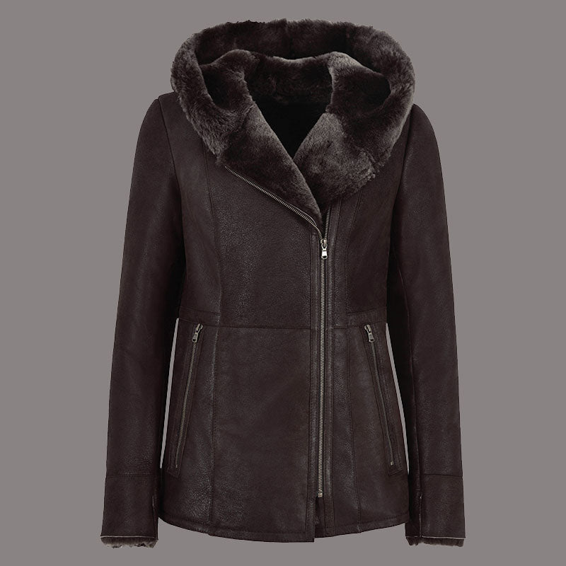 Women Hooded Sheepskin Coat AMBRHIL - Cherry