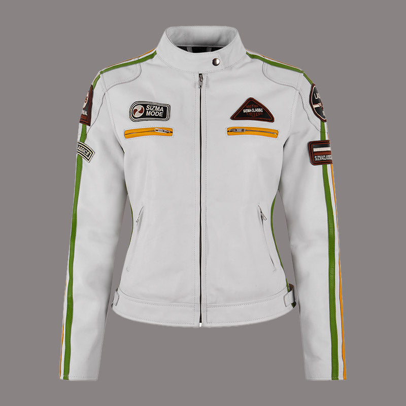 Women Leather Biker Jacket in White SIZMA