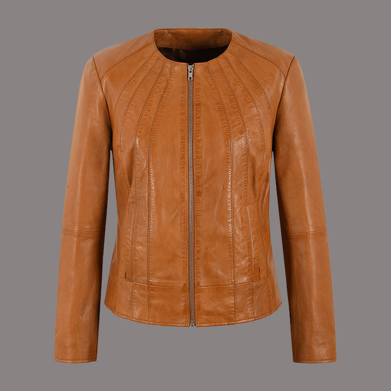 Women Collarless Leather Jacket CARSON