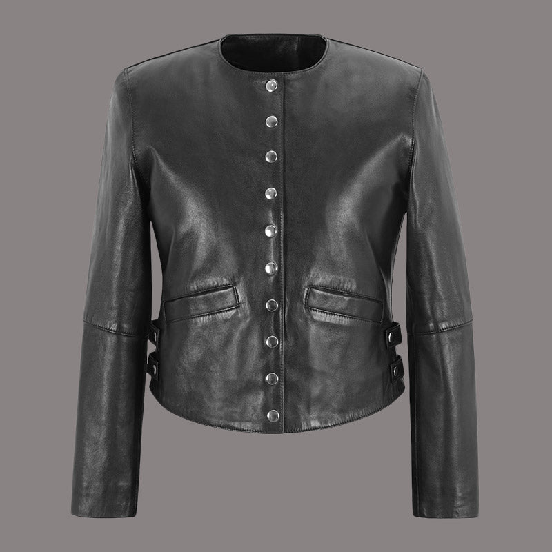 Womens leather collar less leather jacket black