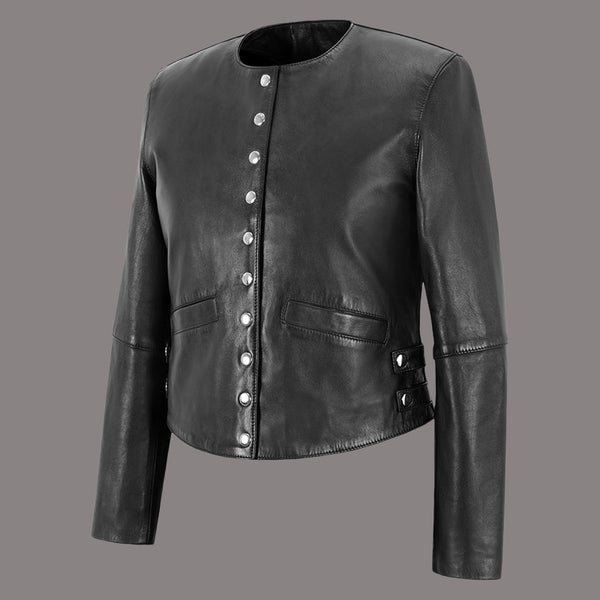 Women Collarless Leather Jacket in Black SKYLER