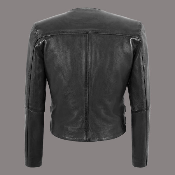 Women Collarless Leather Jacket in Black SKYLER