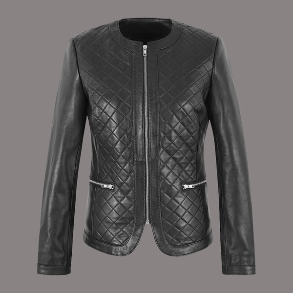 Women Collarless Quilted Leather Jacket DUSKLIGHT