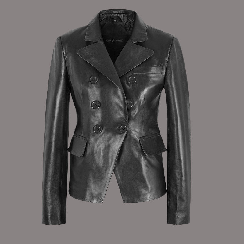 Double breasted leather blazer jacket for women