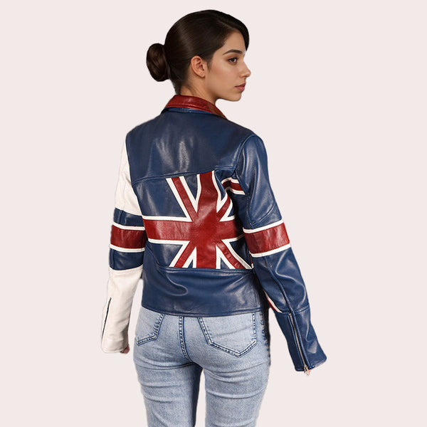 Women Leather Biker Jacket UNION JACK