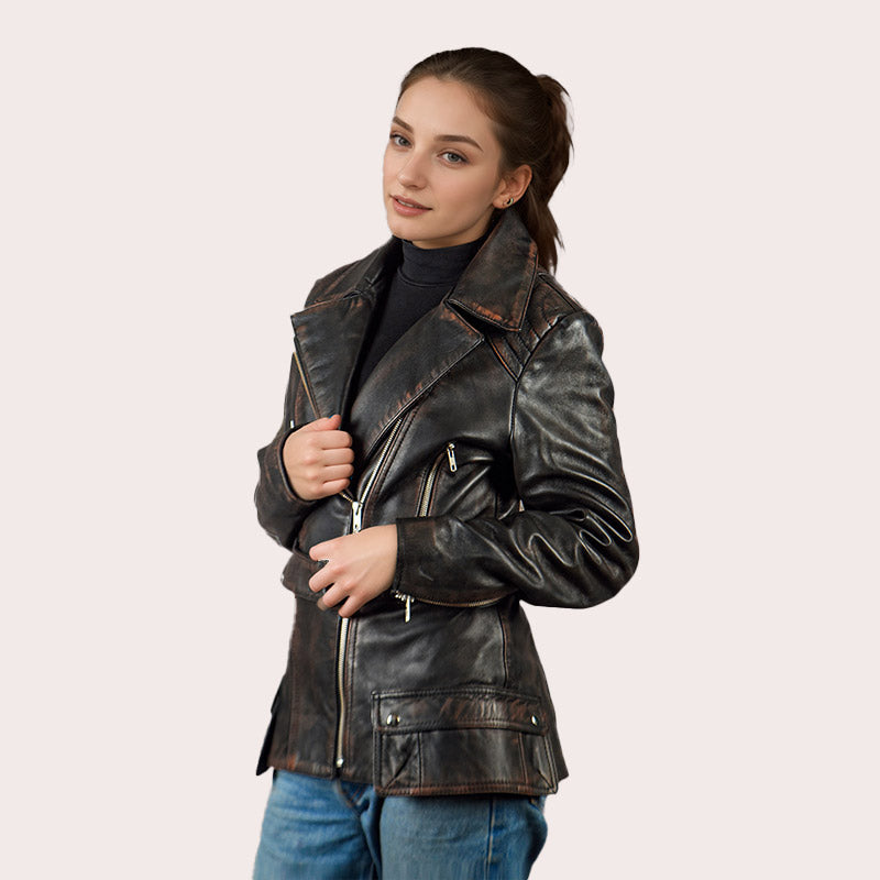 Women Leather Jacket Biker Style TIRILIN