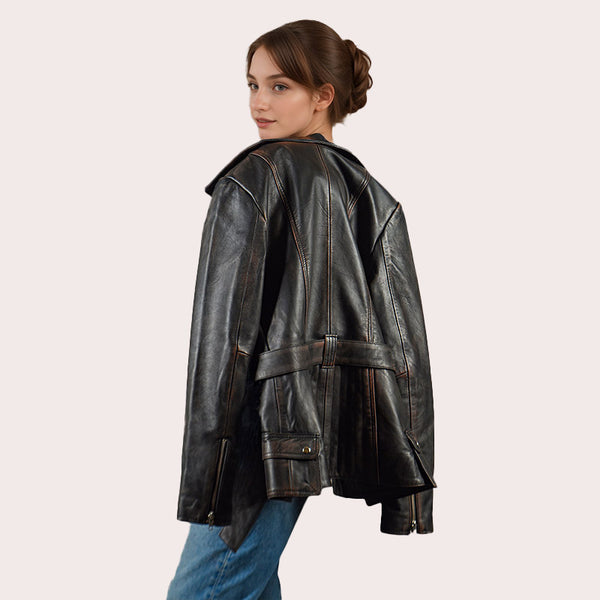Women Leather Jacket Biker Style TIRILIN
